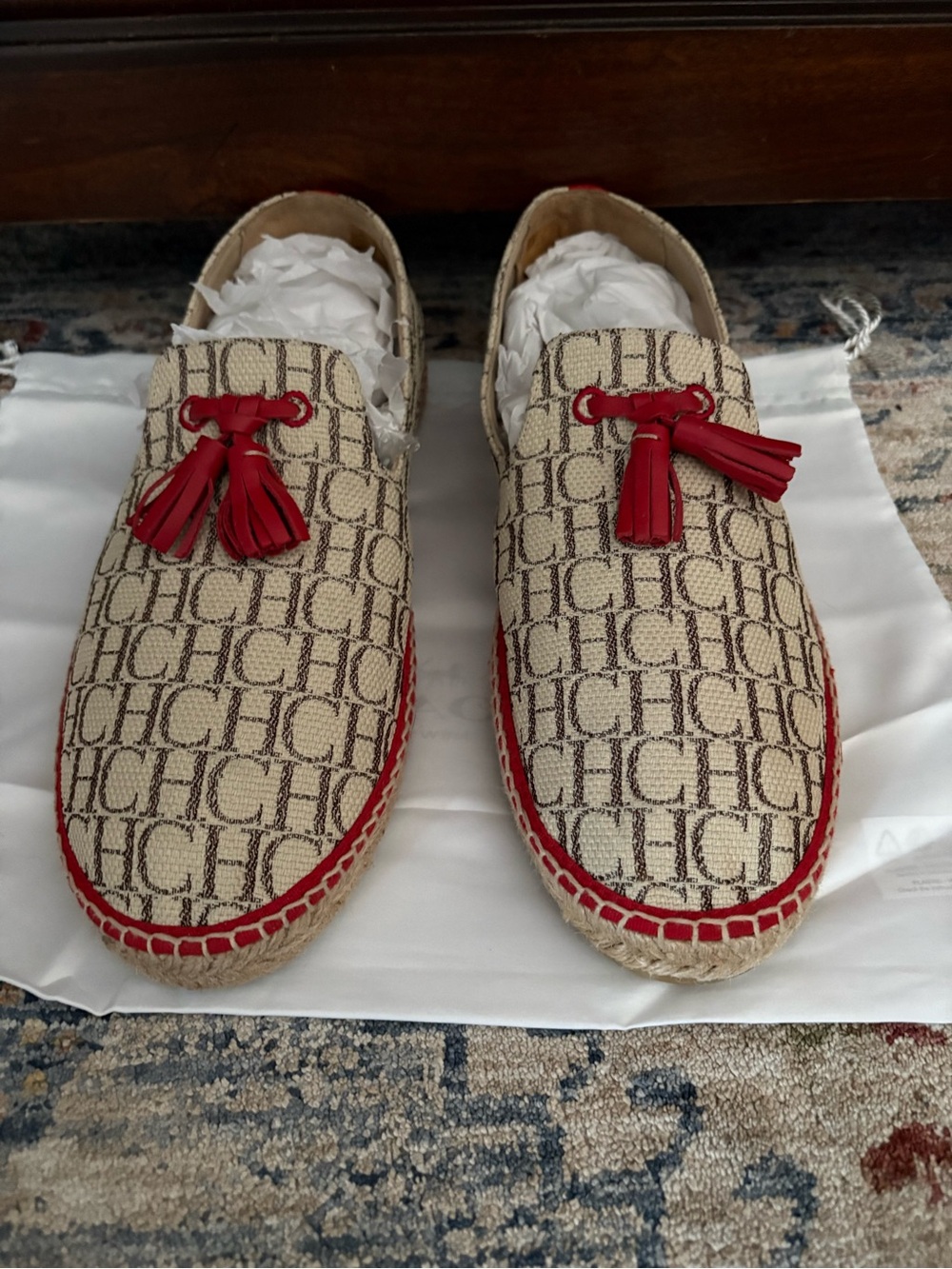 Carolina Herrera CH Monogram Espadrille Loafers in Beige and Red Trim